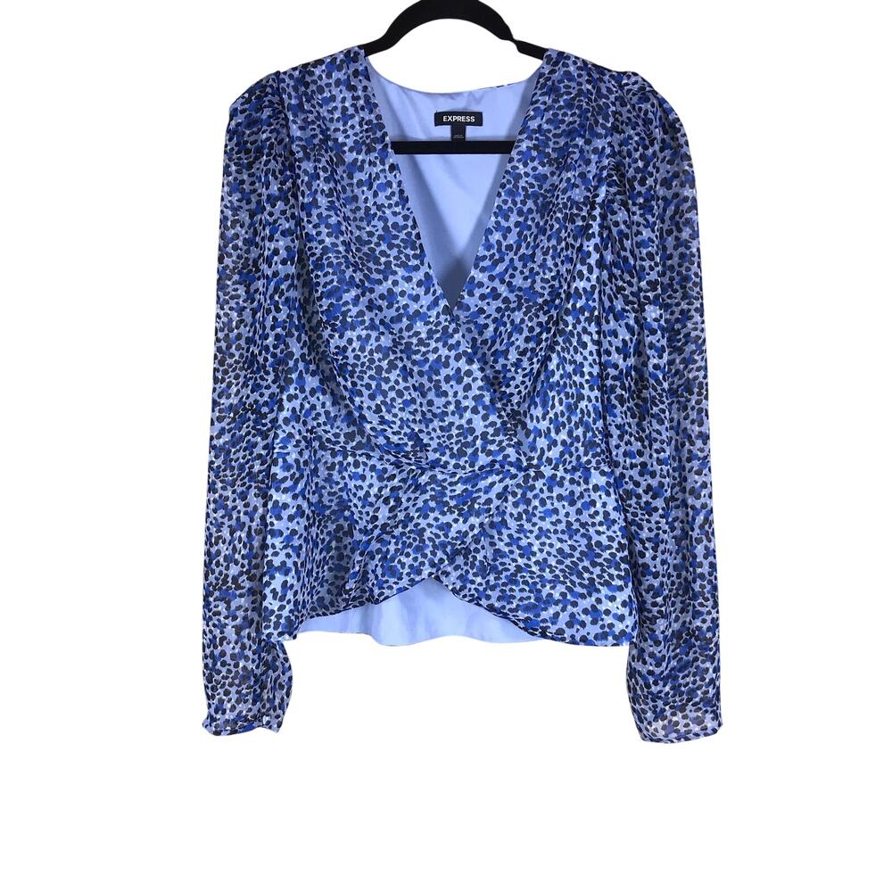 Express Blouse Women’s Large Blue Floral Wrap Front Flowy Office Work Top